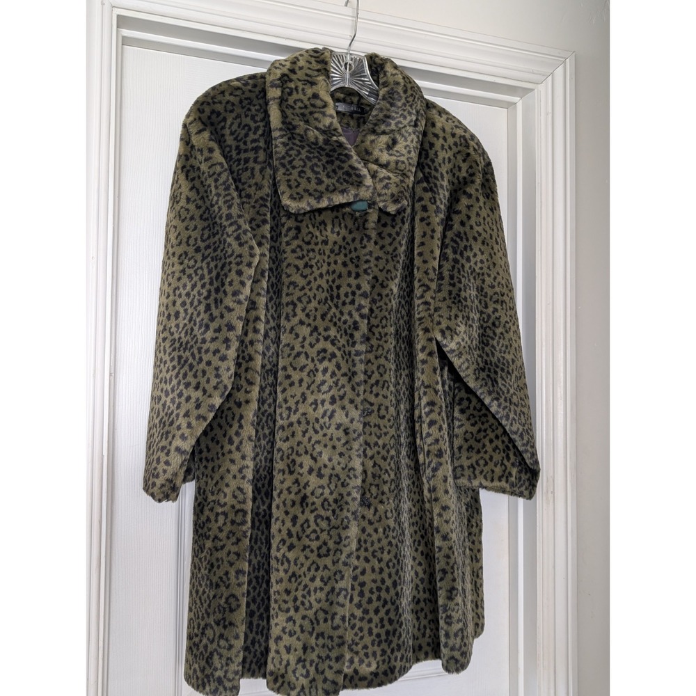 HTFVintage Green Faux Leopard Black Full Fur Coat Women's Mid Length Made In USA
